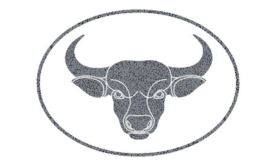 Bull's head in an oval frame. Vector silhouette icon with aged, cracked skin type surface, broken mosaic tiles.