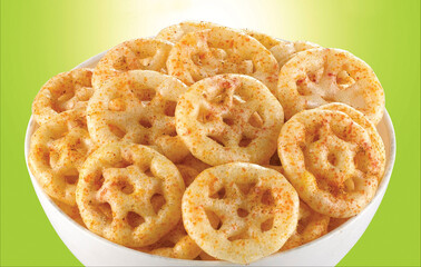 Crispy and crunchy Salty wheat wheel & Wheels, Wheelos, fryums or frymus, Fried and Spicy snack food, Indian Pouch Packing Street Food, selective focus - Image