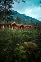 small cozy houses around a fireplace in the forest in Norway, Mountains in the background