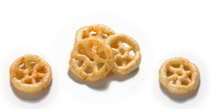 Crispy and crunchy Salty wheat wheel & Wheels, Wheelos, fryums or frymus, Fried and Spicy snack food, Indian Pouch Packing Street Food, selective focus - Image