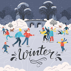 Vector cartoon illustration on the theme of winter, holidays, hobby, entertainment, pastime, joy, sport. Colorful background with people skating on the rink. Winter landscape for use in design