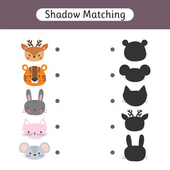 Shadow matching game for kids. Find the correct shadow. Worksheet with animals. Kids activity for preschool and school age