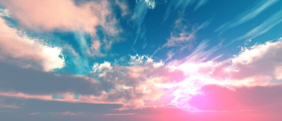 Beautiful sky with clouds at sunset, heavenly landscape, pastel colors of the sunset, 3D rendering