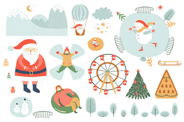 Naklejka premium Winter leisure. Winter activities elements. Christmas outdoor funs. Clipart. People sliding, ice skate, landscape.