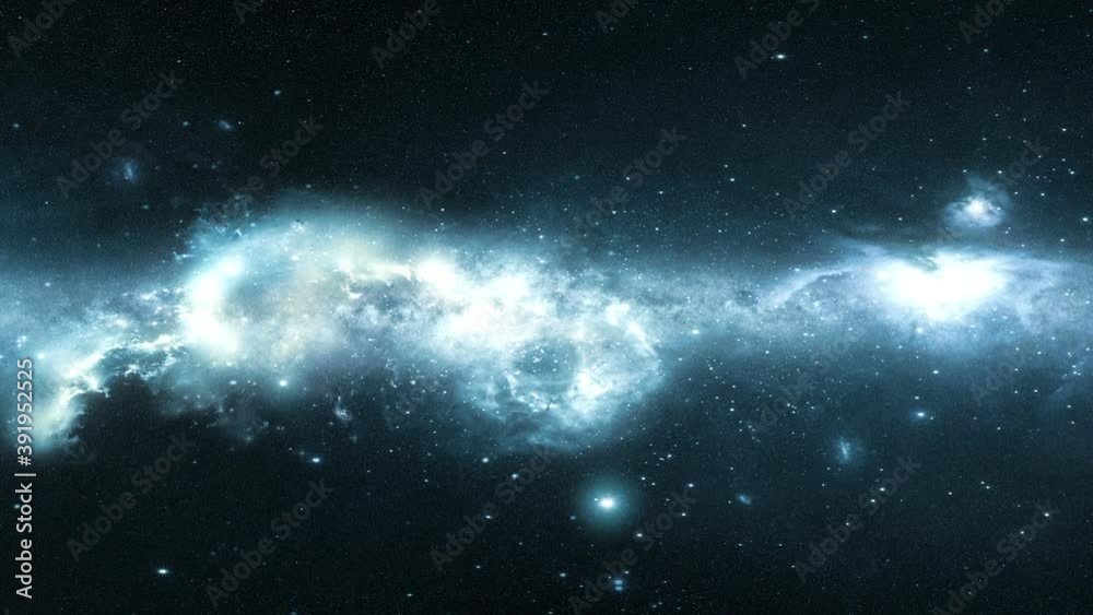 Poster camera slowly moves in outer space against the background of a beautiful galaxy, 3d animation