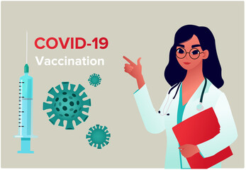 COVID-19 Virus Vaccine poster. Doctor pointing at the syringe. Injection, prevention, immunization, cure and treatment for coronavirus infection, COVID-19 Virus. 