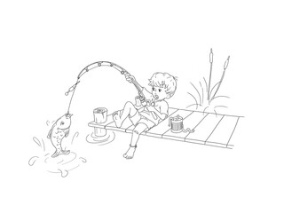 kleiner Junge angelt barfuß Pflaster auf Knie großer Fang Fisch an der Angel Leine gespannt Aufregung überrascht Mund geöffnet Angelhaken Ausmalbild sitzen Holz Steg Angelrute gebogen See Teich Fluß