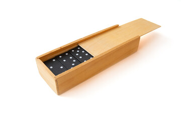 Wooden domino box standing on isolated white background