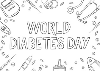 World Diabetes Day Flat lay doodle concept. Black and white vector illustration, Top view