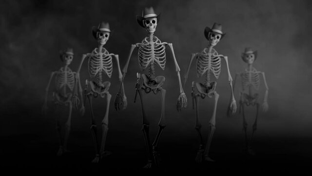 Gang of Skeleton Gunslingers Walking - 3D Illustration - Shallow Depth of Field