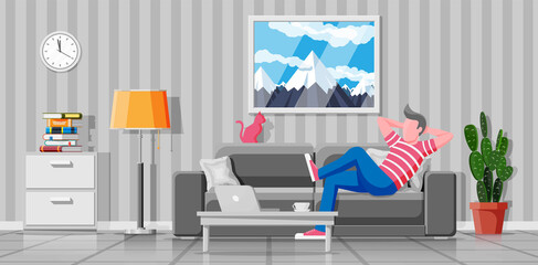 Interior of modern living room. Freelancer on sofa working at home with laptop computer. Man chilling on couch. Hipster character in jeans and t-shirt. Flat vector illustration