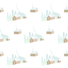 Winter seamless pattern in pastel colors. Rural houses. Christmas vector background.