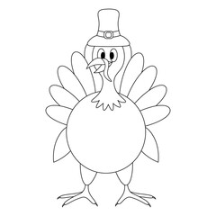 Homemade turkey. Bird in a hat. Vector illustration. Outline on an isolated white background. Doodle style. Coloring book for children. Sketch. Thanksgiving day symbol. 