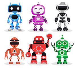 Robot characters vector set. Robotic character with modern technology cyborg and android robots design isolated in white background. Vector illustration. 