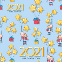 Calf. Pattern. Bull. New Year 2021. Vector background, seamless template. Cute little calf, balloon 
