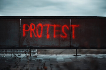 Protest lettering painted red color on the rusty old wall 
