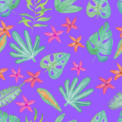 digital watercolor tropical leaves and flowers seamless pattern. Isolated on lavender. Green plants, botanical vector illustration design. For gift wrapping, wallpaper, textile, scrubbing, web page