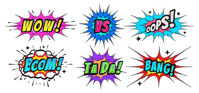 Comics signs. Boom, bang and wow sound effects in comic pop art style. Oops, Ta da and VS word in burst frame vector cartoon illustration set