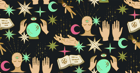 Seamless vector magic mystery pattern. Occult background. Astronomy and Astrology objects. For fabric, textile, wrapping, web, cover etc. 10 eps design.