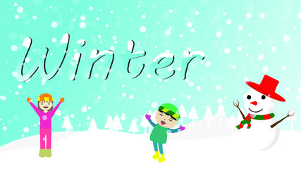 Winter background banner children snow and snowman