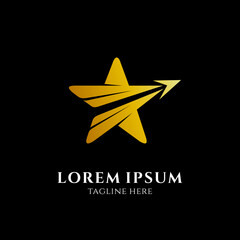 Star and fast up arrow logo concept with simple flat logo style in gradient gold color on black background