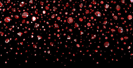 Falling lot of red ruby on a black background. Clipping path included. 3d illustration