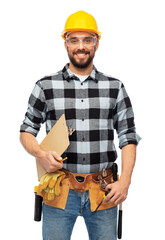 profession, construction and building - happy smiling male worker or builder in helmet with clipboard over white background