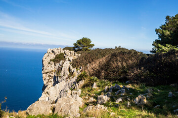 Mondello bei Sizilien. Hügellandschaft im Frühling direkt am Meer mit Blick auf die Berge und Küste Siziliens in Italien