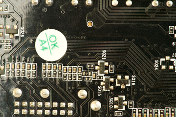 various chips on a textolite video card board for a modern desktop computer