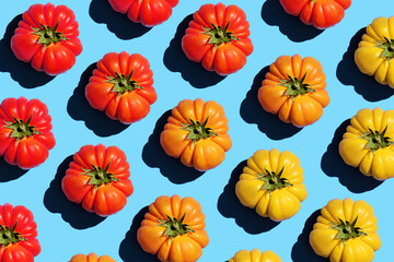 Flat lay of trendy gradient pattern tomato. Pattern of red, orange and yellow tomatoes on a blue background. Composition of colorful organic tomatoes. Suitable for posters, packaging, postcards