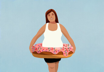 Portrait overweight woman wearing inflatable donut ring
