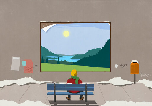 Man on urban winter bench looking at sunny rural billboard
