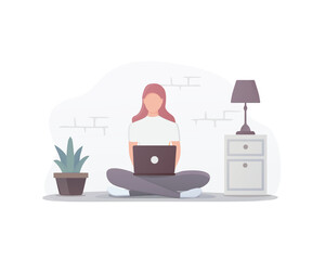 Work and study at home. Flat illustration of workplace. A person with a laptop works sitting on the floor. Isolated on white background. 