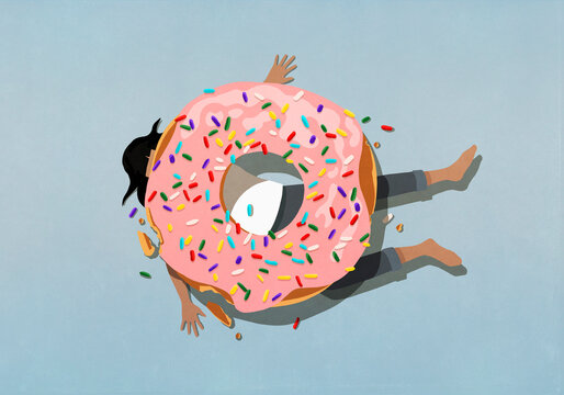 Large sprinkle donut crushing woman
