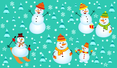 Winter pattern with snowmen, snowflakes and christmas trees. Family Snowman on green background. Vector Seamless pattern. can be used for Christmas cards or wrapping paper.