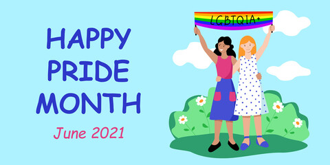 Happy pride month June 2021. Horizontal website banner header template. Two lesbians with rainbow flag at the gay parade. Advertising event in support of LGBT rights. Stock vector flat illustration
