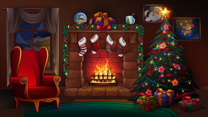 Christmas room with fireplace