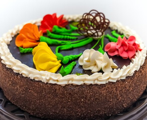 Obraz na płótnie Canvas Biscuit cream cake closeup on white background