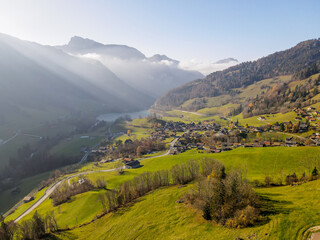 Obraz premium Drone shots from the swiss alps ( Chateau d'Oex, Lac du Vernex) 
