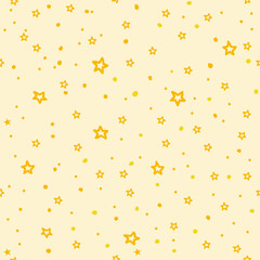 Stars and dots pattern seamless drawing, vector yellow background