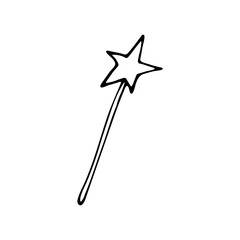 Magic wand. Star with a pen. Drawn in a doodle style by hand. Vector. Isolated circuit. Decor element. Children's illustration. Magic attribute