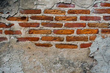 Cracked concrete vintage brick wall background. Red brick walls have old concrete walls framed around. Place for text. Banner concept.