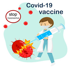 doctor fighting with coronavirus by new vaccine.vector illustration 
