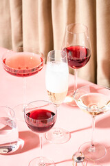 Many glasses of wine and champagne on the table. Party concept.