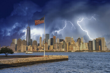 Downtown Manhattan skyline under a coming storm, New York City - USA - obrazy, fototapety, plakaty