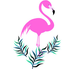 pink flamingo on one leg between tropical leaves