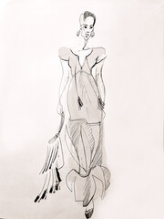  sketch of a woman in long  dress whith bag and earrings