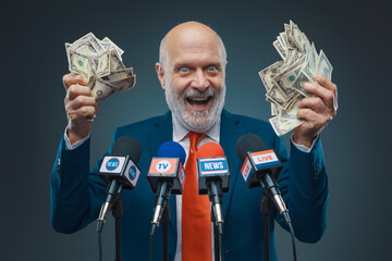 Greedy politician holding cash money - obrazy, fototapety, plakaty