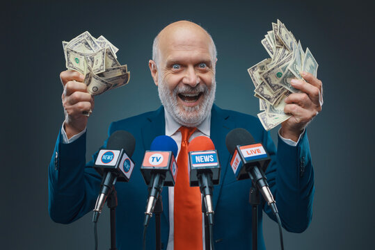 Greedy politician holding cash money