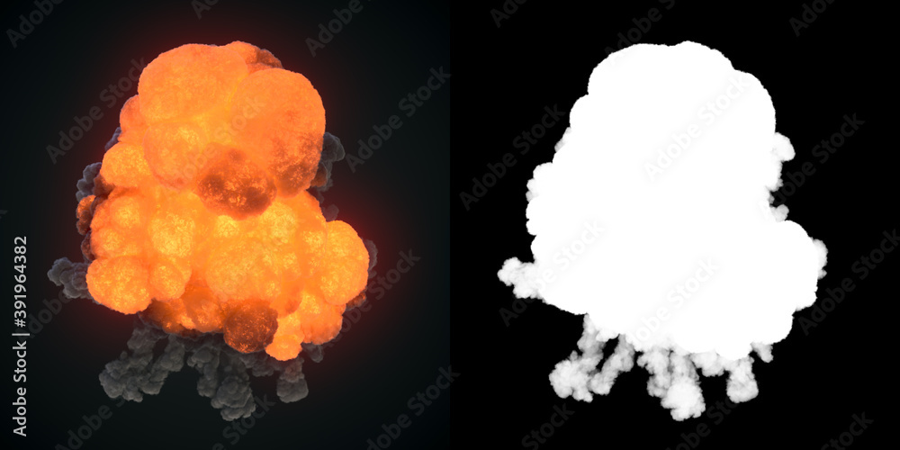 Poster Fire explosion with smoke trails. Abstract backdrop with alpha channel 3d render